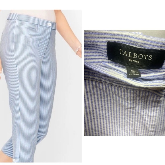 Talbots The Perfect Skimmer Capri 12 P Blue White Striped lightweight Seersucker - Picture 1 of 8